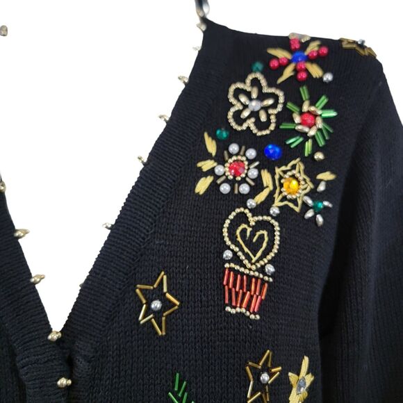 Studio Collection Sweater Womans Medium Black Beaded Christmas Cardigan - Picture 3 of 9
